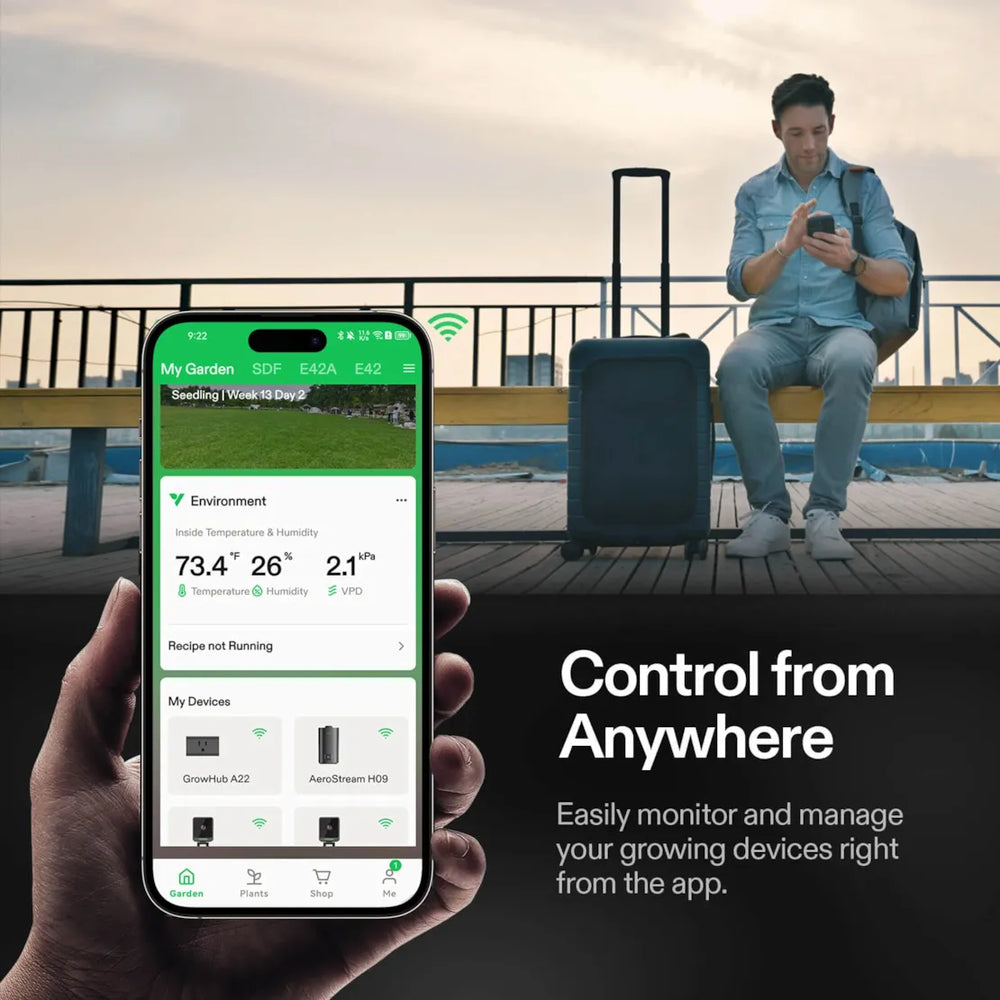 Vivosun GrowHub A22 Controller – Smart WiFi Environmental Control Person using a smartphone app to monitor gardening devices with a scenic background.