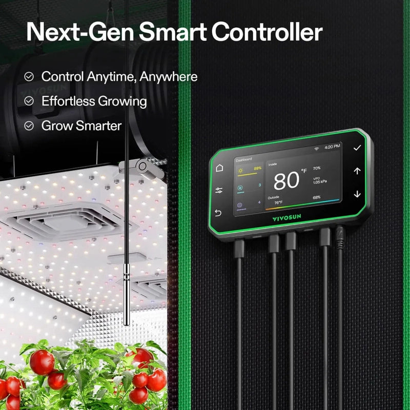 Vivosun GrowHub Controller E42A+ – Smart WiFi Environmental Control System  with LED grow light and plants, highlighting features like control anytime, anywhere and effortless growing.