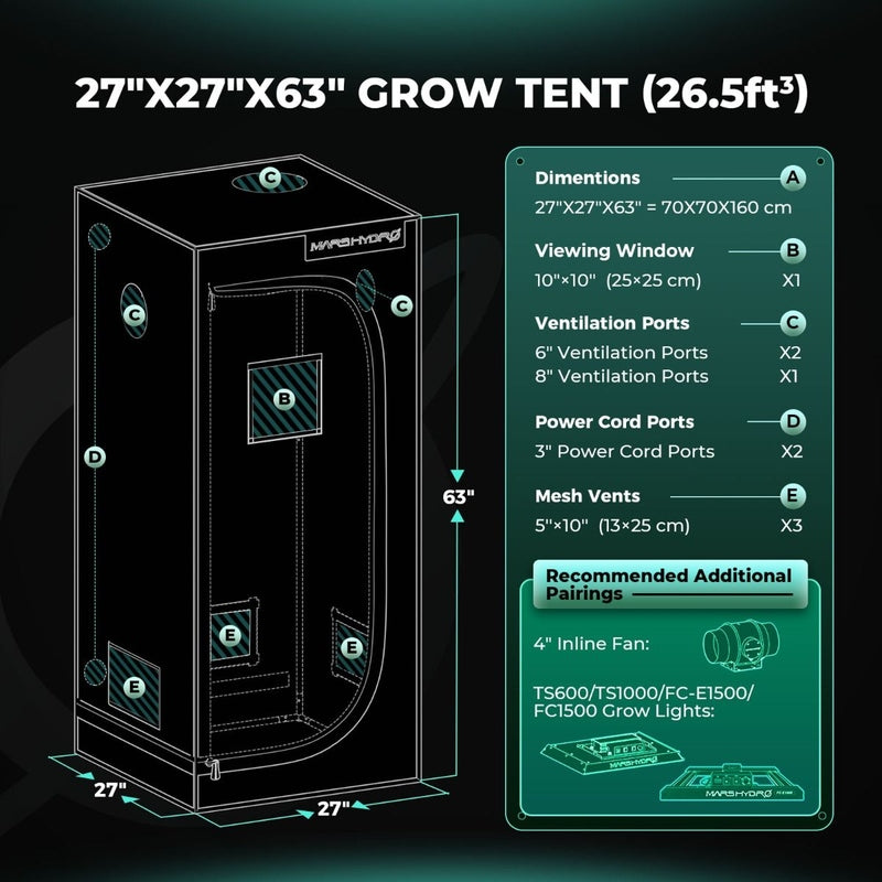 Mars Hydro 2.3x2.3 Grow Tent – 27"x27"x63" Hydroponic Indoor Tent for 1–3 Plants