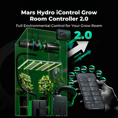 Mars Hydro FC4800 480W 4x4 Smart Grow Tent Kit with iControl Mars Hydro iControl Grow Room Controller 2.0 shown with a transparent grow room setup, plants, airflow and pump controllers, a digital display, and a hand holding a smartphone app control screen on a black background.