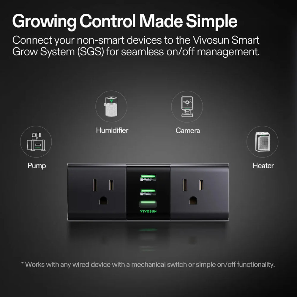 Vivosun 4x2 Starter Grow Tent Kit – 200W LumaLight & GrowHub A22 Vivosun Smart Grow System control panel with icons for humidifier, camera, pump, and heater on a dark background.