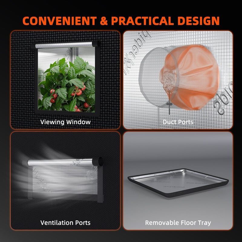 Spider Farmer® 2.3’x2.3’x5.2′ Grow Tent Product features with labels for viewing window, duct ports, ventilation ports, and removable floor tray.
