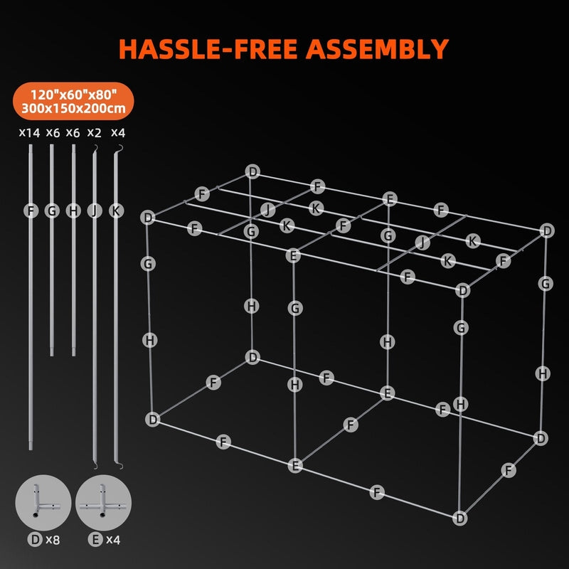 Spider Farmer 10’x5’x6.5′ Grow Tent Diagram of a cube structure with assembly instructions on a black background