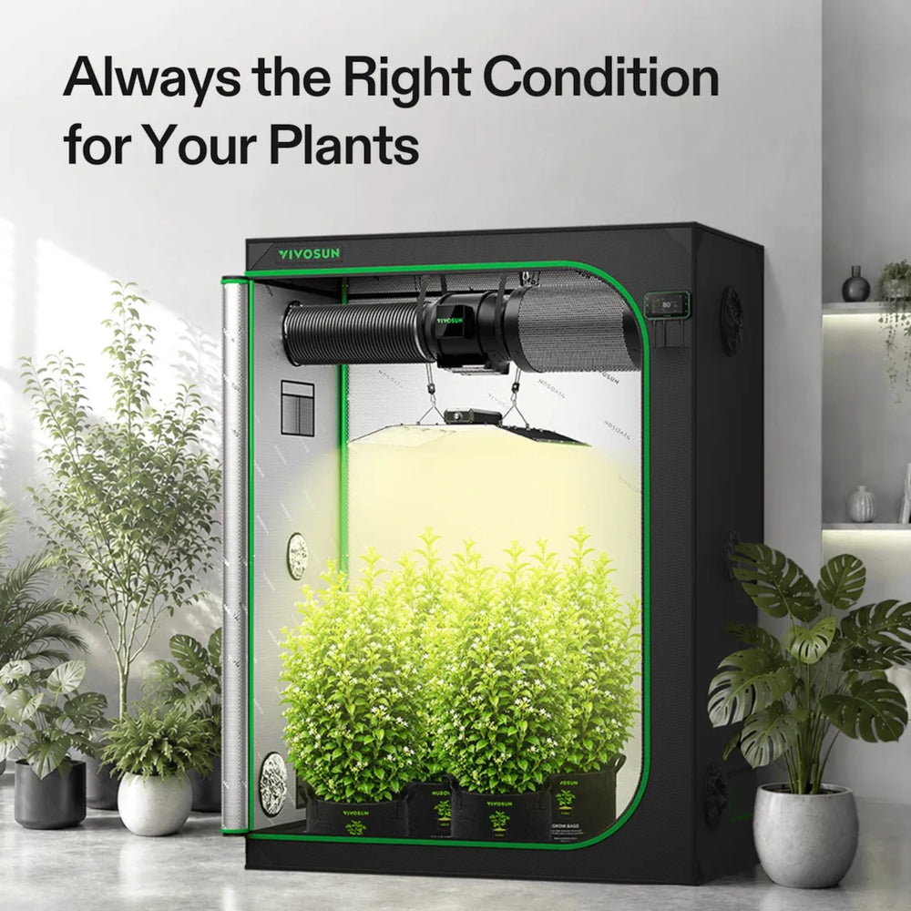 Vivosun 5x2 Smart Grow Tent Kit – 400W LumaLight & GrowHub E42A+ with a green interior border and a bright white grow light dome over small green plants, shown in a styled room with potted plants. Text at the top reads, 'Always the Right Condition for Your Plants.