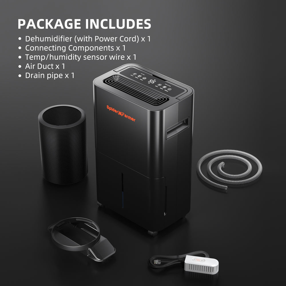 Spider Farmer 32-Pint Dehumidifier – Smart Humidity Control for Grow Tents A black dehumidifier shown with included accessories and a package-include text overlay on a dark studio background. Visible items include a cylindrical connector piece, a coiled gray hose, a small brush, and a black cord, with the main unit centered and branded in orange text.
