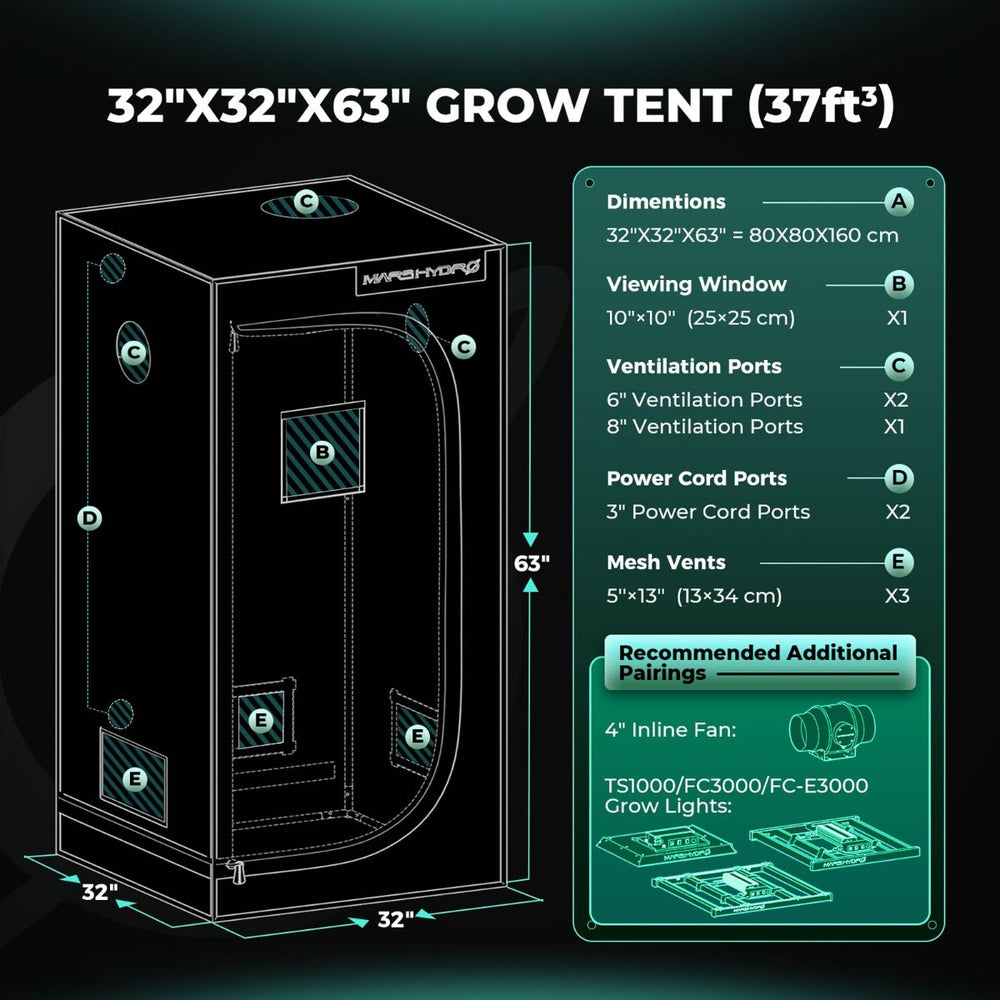 Mars Hydro TS1000 2.6' × 2.6' Complete Grow Tent Kit – Efficient All-in-One Indoor Growing System Grow tent with dimensions and features on a dark background