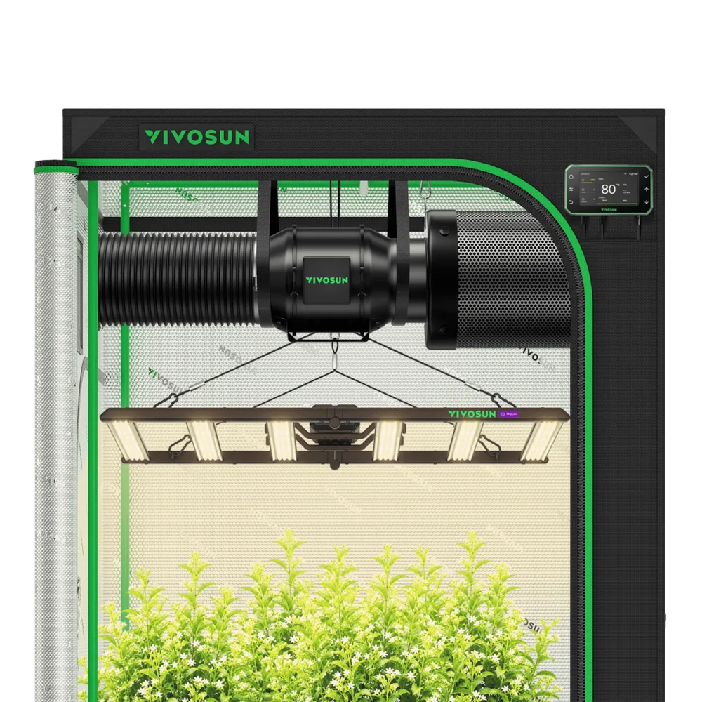 Vivosun 4x4 Smart Grow Tent Kit – 500W LumaLight & GrowHub E42A+ indoor garden kit with a black grow tent, green trim, hanging grow light, exhaust fan, and growing plants inside.