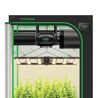 Vivosun 4x4 Smart Grow Tent Kit – 500W LumaLight & GrowHub E42A+ indoor garden kit with a black grow tent, green trim, hanging grow light, exhaust fan, and growing plants inside.