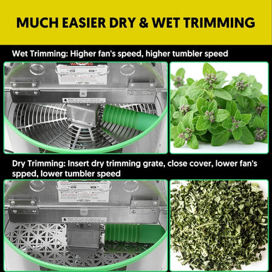 Hygrohub T250pro Bud Trimmer Comparison of wet and dry trimming processes with text on a yellow background