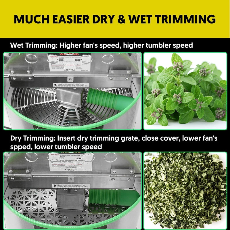 Hygrohub T250pro Bud Trimmer Comparison of wet and dry trimming processes with text on a yellow background