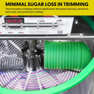 Close-up ofHygrohub 4000XL Bud Trimmer with green and silver components, featuring text about minimal sugar loss in trimming.