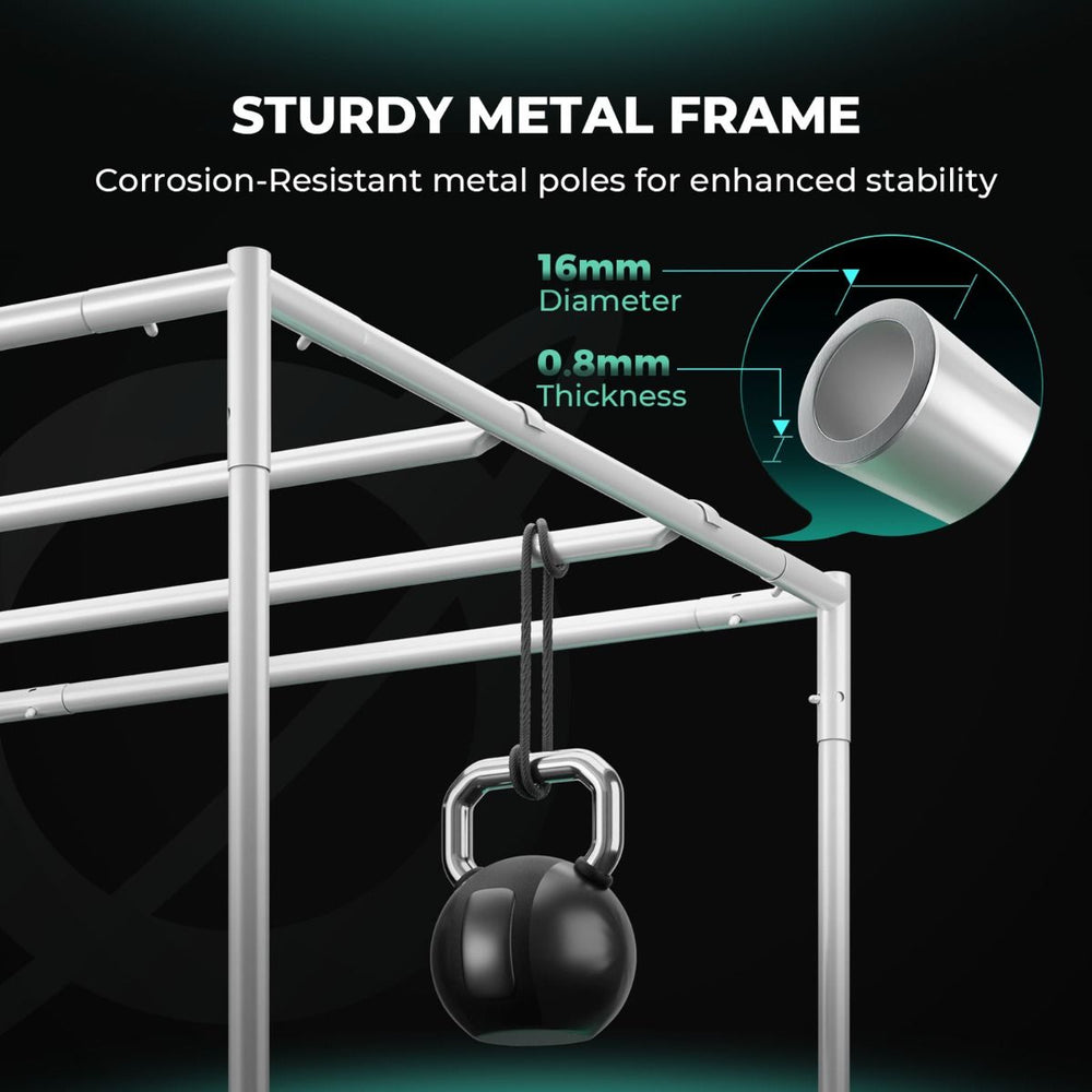 Mars Hydro TSW2000 300W LED 4x4 Complete Grow Tent Kit Sturdy metal frame with a kettlebell, highlighting corrosion-resistant metal poles.