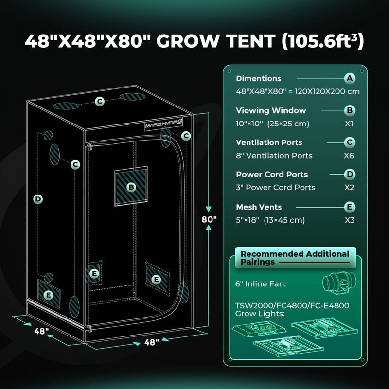 Mars Hydro TSW 2000 Grow Tent Kit  48''x48''x80'' grow tent with dimensions and features on a dark background