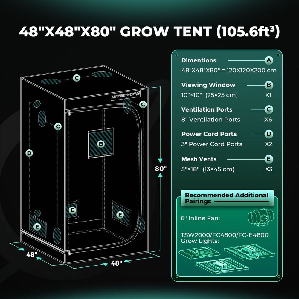 Mars Hydro TSW2000 300W 4x4 Smart Grow Tent Kit with iControl 48''x48''x80'' grow tent with dimensions and features on a dark background