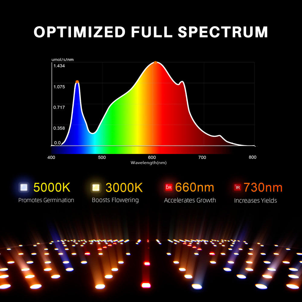 Spider Farmer 2x2x4.6 Complete Grow Tent Kit – SF1000D LED, Speed Controller  Optimized full spectrum LED light with color spectrum diagram and wavelength details on a black background.