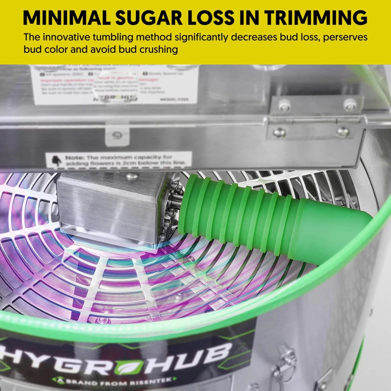 Hygrohub T250pro Bud Trimmer  highlighting minimal sugar loss in trimming.