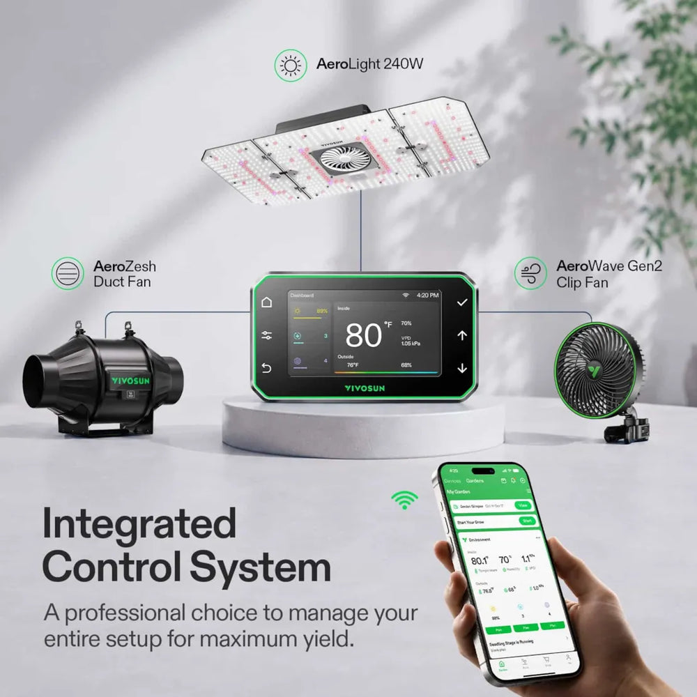 Vivosun 4x2 Smart Grow Tent Kit Pro integrated control system with AeroLight Gen2 240W, AeroZesh T4, AeroWave E6 and GrowHub E42A+