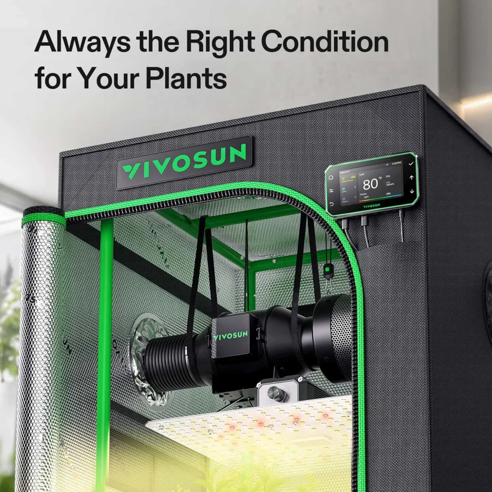 Vivosun 2x2 Smart Grow Tent Kit – 100W LumaLight & GrowHub E42A+ with a digital temperature controller mounted on the exterior side, shown with its internal LED light and reflector. The text 'Always the Right Condition for Your Plants' is displayed at the top.