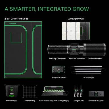 Vivosun 4x5 Smart 2-in-1 Grow Tent Kit – 400W LumaLight & E42A+ Control with all accessories on white background 