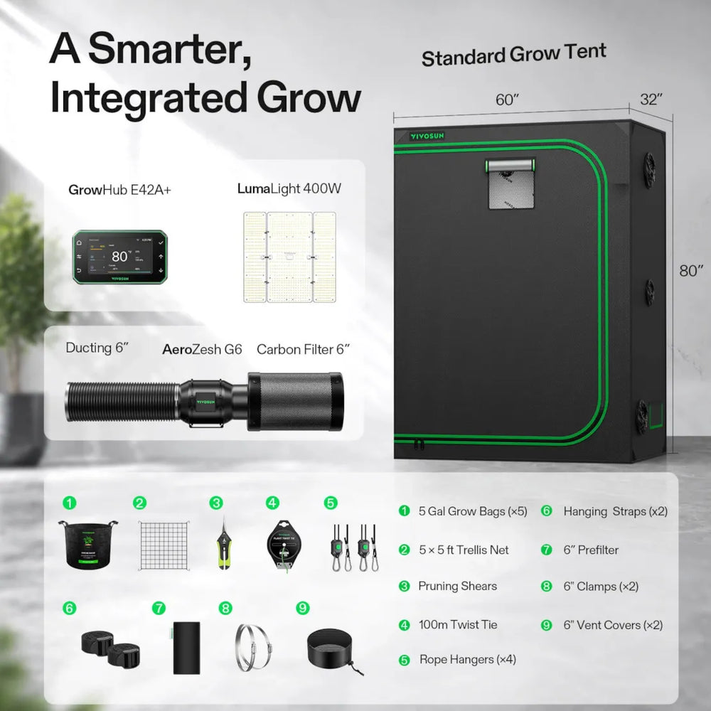 Vivosun 5x2 Smart Grow Tent Kit – 400W LumaLight & GrowHub E42A+ infographic showing a black grow tent with green trim, a digital controller, lighting, filters, accessories, and dimensions labeled as Standard Grow Tent.