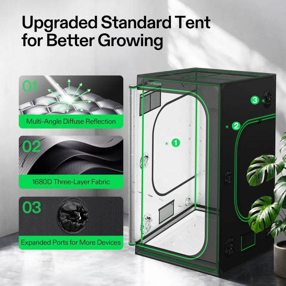 Vivosun 4x4 Starter Grow Tent Kit – 400W LumaLight & GrowHub A22 Black grow tent with green outline and text callouts on a light gray studio background, showing marketing features like multi-angle diffuse reflection, 1680D three-layer fabric, and expanded ports. A small potted plant is visible at the lower right.