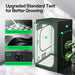 Vivosun 4x4 Starter Grow Tent Kit – 400W LumaLight & GrowHub A22 Black grow tent with green outline and text callouts on a light gray studio background, showing marketing features like multi-angle diffuse reflection, 1680D three-layer fabric, and expanded ports. A small potted plant is visible at the lower right.