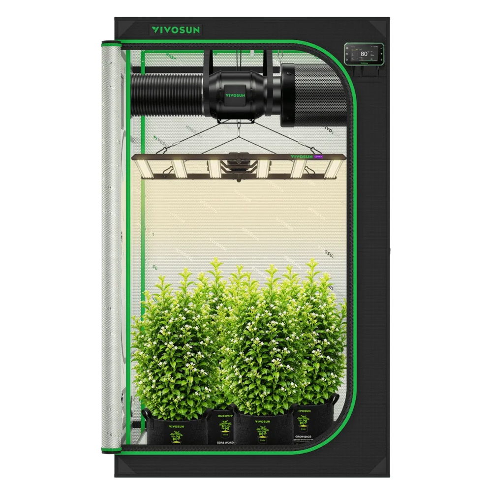 Vivosun 4x4 Smart Grow Tent Kit – 500W LumaLight & GrowHub E42A+ indoor plant grower's cabinet with a black exterior, green trim, a transparent door, a hanging LED grow light, and several small green plants in black pots inside.