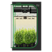 Vivosun 4x4 Smart Grow Tent Kit – 500W LumaLight & GrowHub E42A+ indoor plant grower's cabinet with a black exterior, green trim, a transparent door, a hanging LED grow light, and several small green plants in black pots inside.