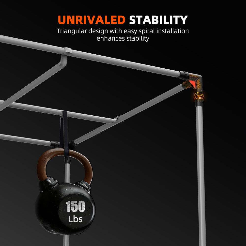 Spider Farmer 5x10 Grow Tent Kit – Dual G8600 800W LEDs, Smart Climate System Gym rack with a 120 lbs kettlebell, emphasizing stability and design on a black background.