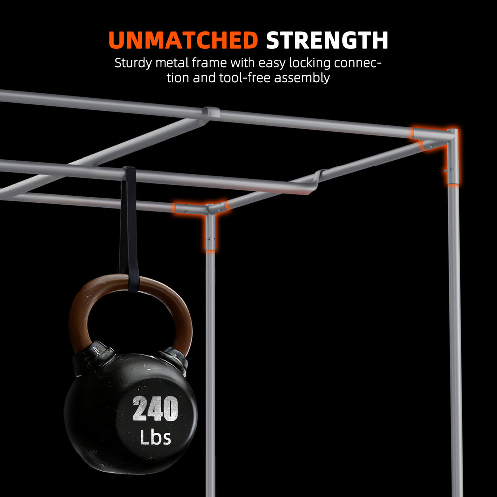 Spider Farmer 5x10x6.5 Grow Tent Kit – 2x G1000W Full Spectrum LED, Smart Climate Control Metal pull-up bar with a 240 lbs kettlebell, highlighting unmatched strength and assembly features.