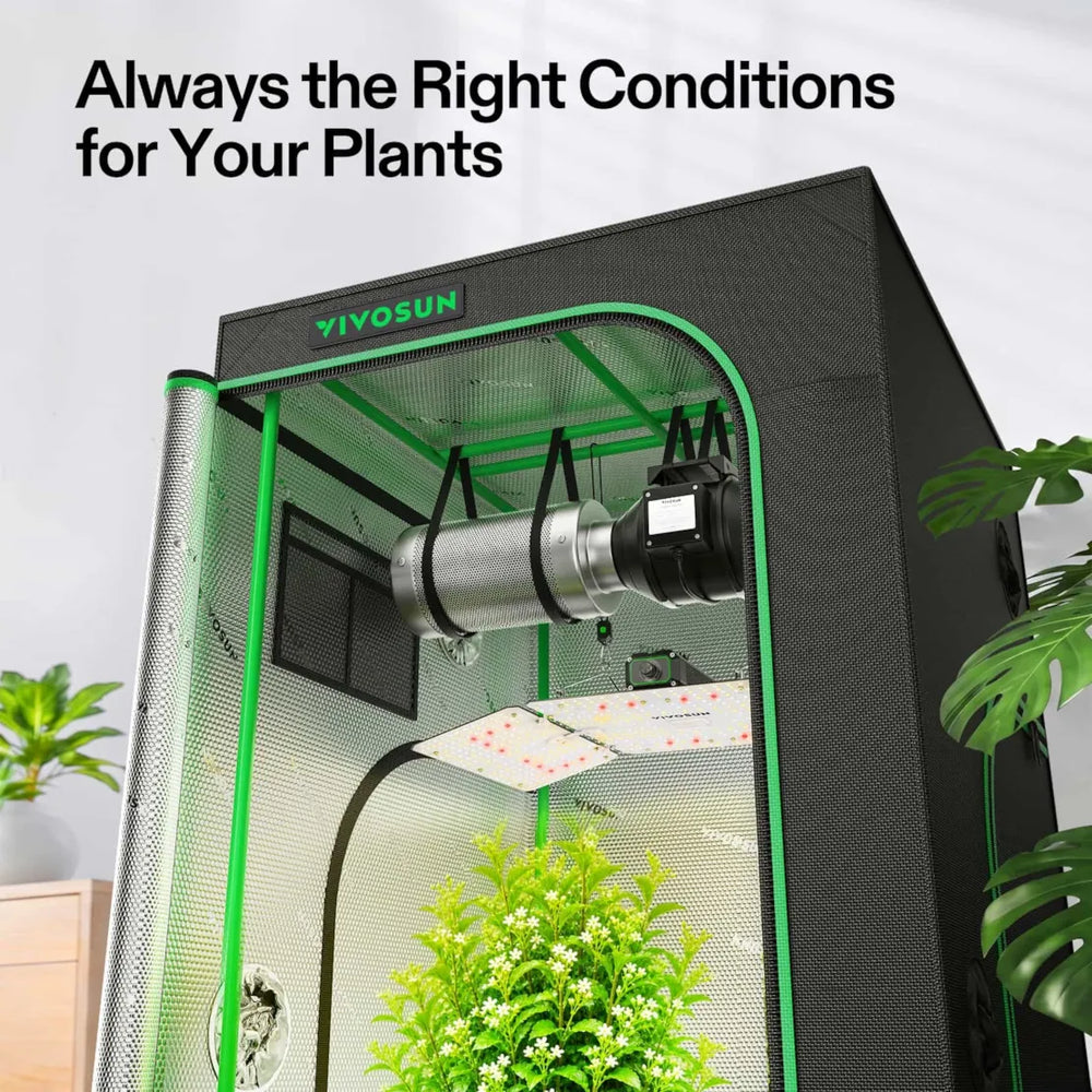 Vivosun 3x3 Starter Grow Tent Kit – 200W LumaLight & GrowHub A22  with a black mesh exterior, green trim, and an internal LED grow light, shown with a green plant inside and the text 'Always the Right Conditions for Your Plants' on a white background.