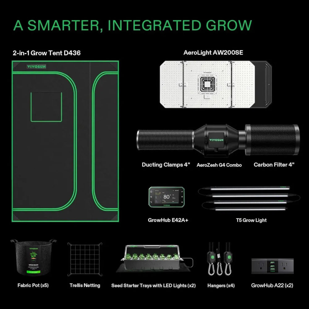 Vivosun 3x4 Smart 2-in-1 Grow Tent Kit – 200W AeroLight & E42A+ Control Collection of gardening and grow tent equipment on a black background with green text.