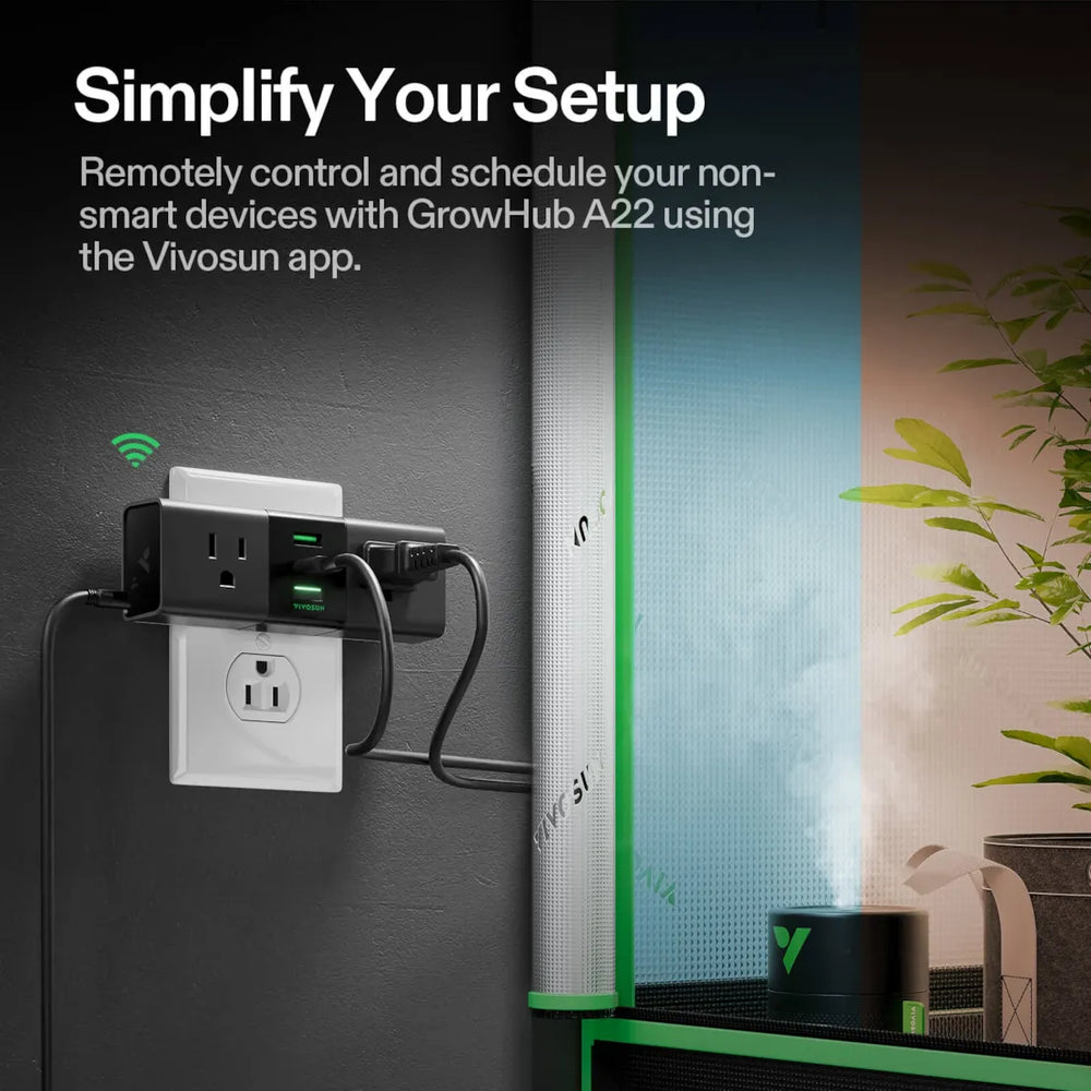 Vivosun GrowHub A22 Controller – Smart WiFi Environmental Control, with text about remote control and scheduling using the Vivosun app.