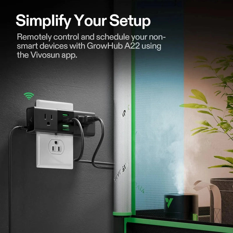Vivosun GrowHub A22 Controller – Smart WiFi Environmental Control, with text about remote control and scheduling using the Vivosun app.