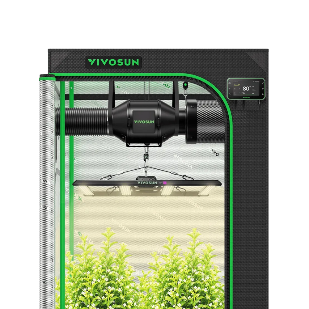 Vivosun 3x3 Smart Grow Tent Kit – 320W LumaLight & GrowHub E42A+ front facing view with plants inside 