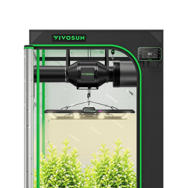 Vivosun 3x3 Smart Grow Tent Kit – 320W LumaLight & GrowHub E42A+ front facing view with plants inside 