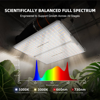 Spider Farmer SF2000 Pro 200W LED Grow Light – Uniform Full-Spectrum Coverage for 3×3 Grow Tents LED grow light with scientific spectrum diagram and plant growth context