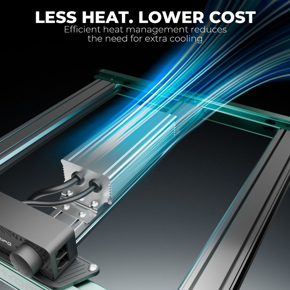 Mars Hydro FC1500 150W LED 2' x 2' Smart Complete Grow Tent Kit A close-up promotional render of a computer cooling heatsink and fan assembly with glowing blue airflow graphics and the text 'LESS HEAT. LOWER COST' on a dark background.
