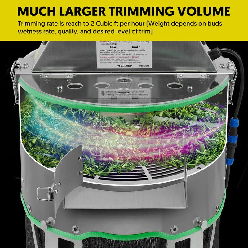 Hygrohub T250pro Bud Trimmer with plants inside, featuring text about trimming volume.