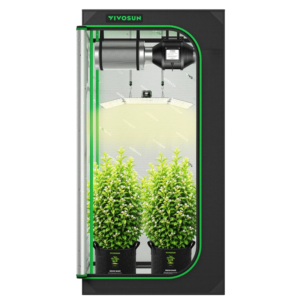 Vivosun 3x3 Starter Grow Tent Kit – 200W LumaLight & GrowHub A22  with two plants inside, shown on a white background.