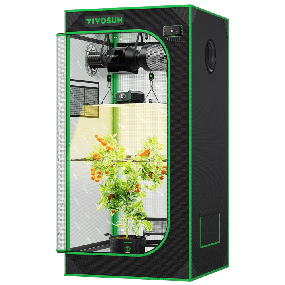 Vivosun 2x2 Smart Grow Tent Kit – 100W LumaLight & GrowHub E42A+ grow light tent with a black exterior, green trim, and a visible indoor plant growing inside under the grow light.