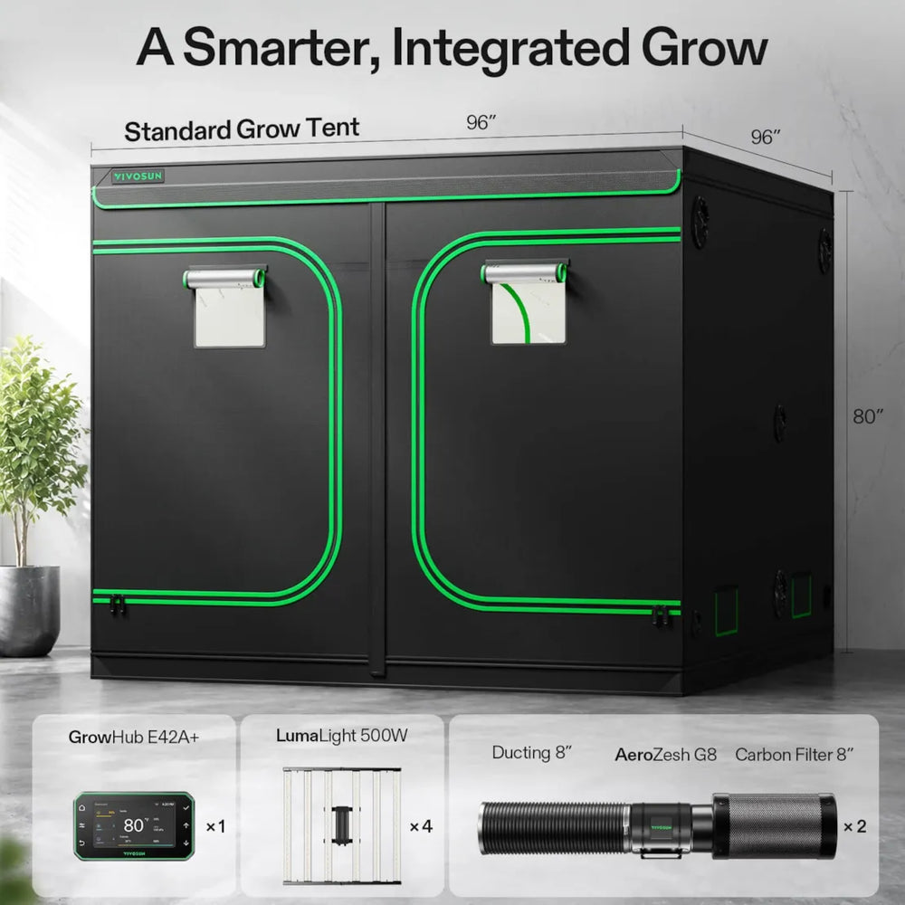 Vivosun 8x8 Smart Grow Tent Kit – 4x 500W LumaLight & GrowHub E42A+ grow tent with green LED lighting accents, shown with dimension labels (96" x 96" x 80") and accessory callouts below on a light gray background.