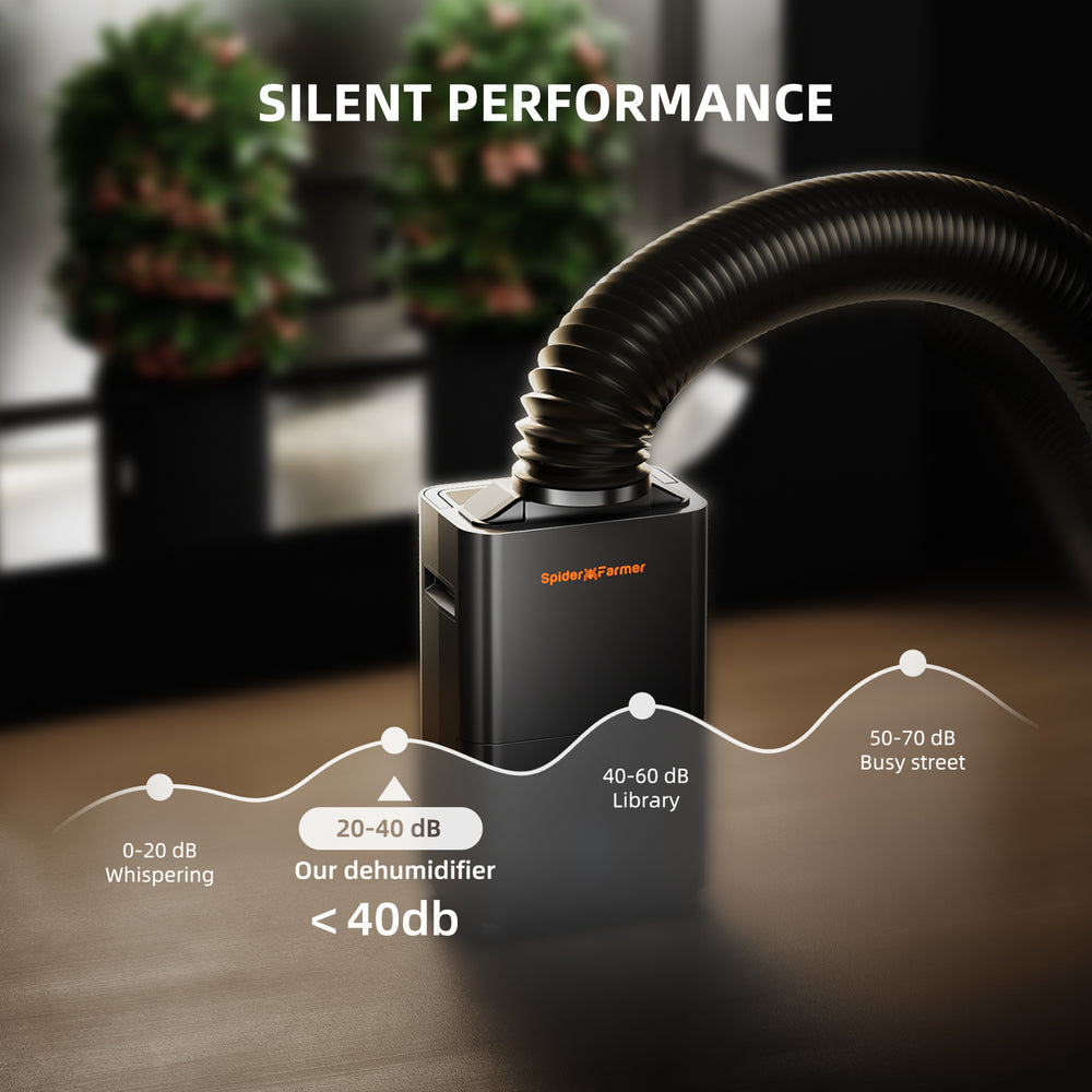 Spider Farmer 32-Pint Dehumidifier – Smart Humidity Control for Grow Tents Dehumidifier with a hose on a wooden surface, labeled 'Silent Performance'.
