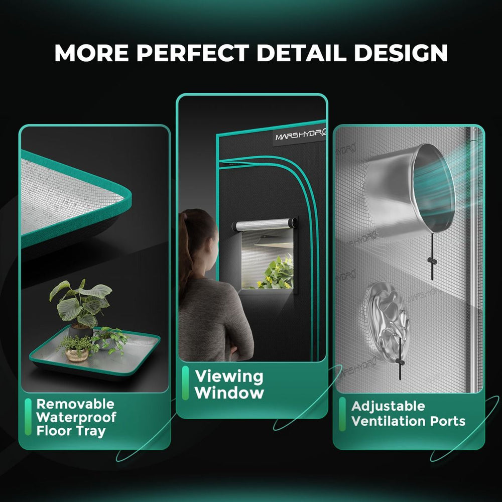 Mars Hydro TSW2000 300W LED 4x4 Complete Grow Tent Kit Product features with text highlighting 'More Perfect Detail Design' including a removable waterproof floor tray, viewing window, and adjustable ventilation ports.