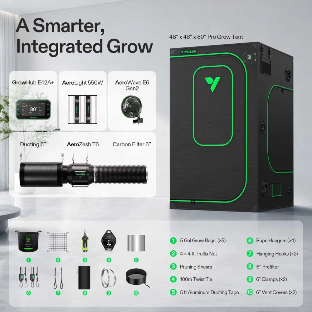 Vivosun 4x4 Smart Grow Tent Kit Pro complete system with AeroLight 550W, GrowHub E42A+, AeroZesh T6, carbon filter and accessories