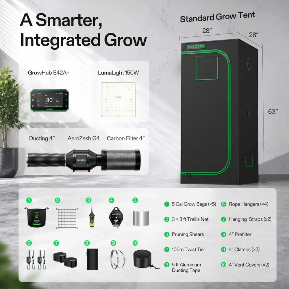 Vivosun 2.3x2.3 Smart Grow Tent Kit – 150W LumaLight & GrowHub E42A+ with text " A smarter, Integrated Grow" showing all included accessories 