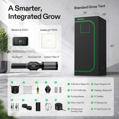 Vivosun 2.3x2.3 Smart Grow Tent Kit – 150W LumaLight & GrowHub E42A+ with text " A smarter, Integrated Grow" showing all included accessories 