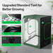 Vivosun 5x5 Smart Grow Tent Kit – 750W LumaLight & GrowHub E42A+ with green outline and numbered callouts showing upgraded features, alongside three inset feature panels for diffused reflection, 1680D three-layer fabric, and expanded ports.