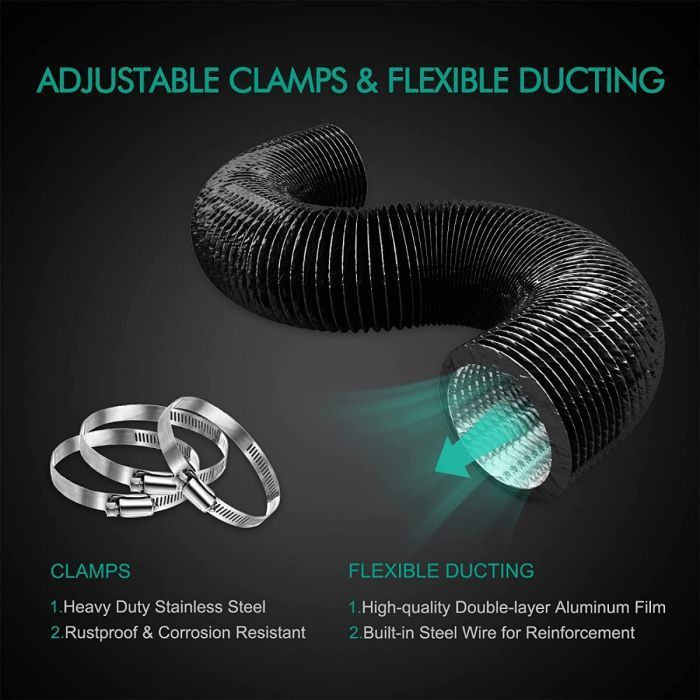 Mars Hydro TSL2000 Grow Tent Kit Black flexible ducting with adjustable clamps on a dark background
