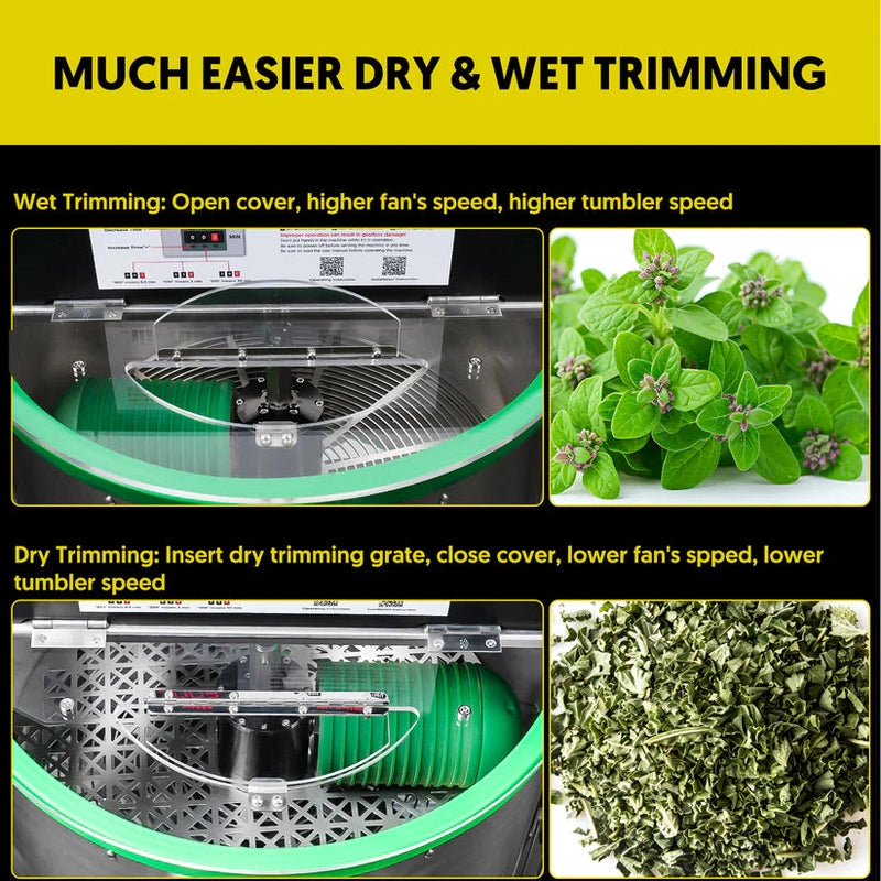 Hygrohub 4000XL Bud Trimmer Comparison of wet and dry trimming processes with text and images of a trimming machine